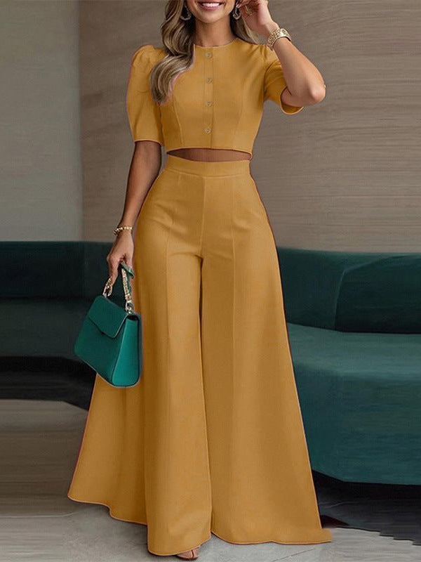Women's Two-Piece Set Short Top Wide Leg Pants Casual Elegant Summer