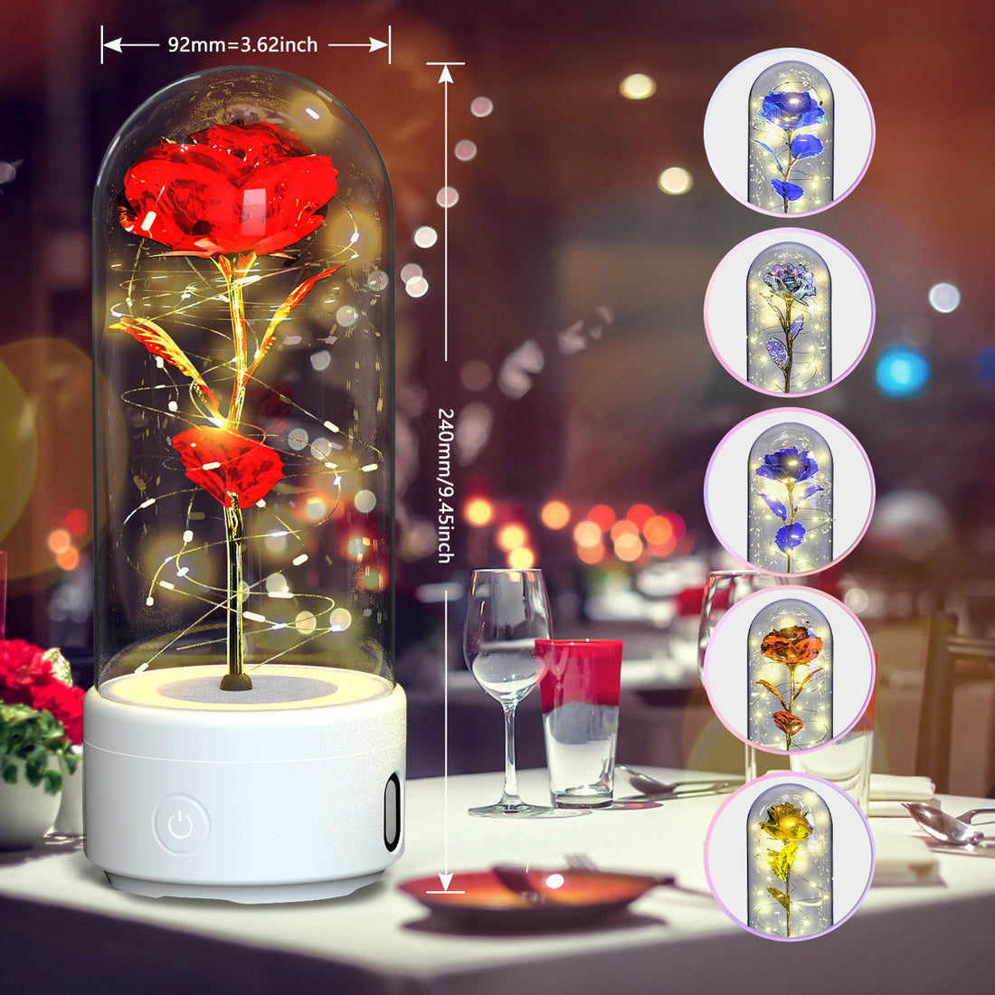 Red rose glass dome lamp with size dimensions and five flower color options