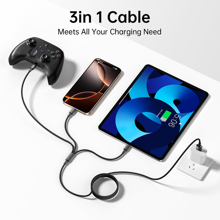 Close-up of the three connector heads on the 3 in 1 charging cable