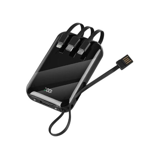 Black power bank with built-in charging cables folded out