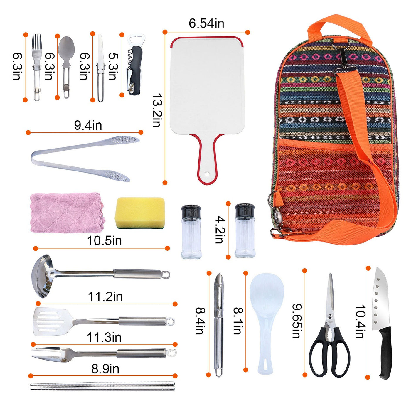 Camping cooking utensil kit packed for travel