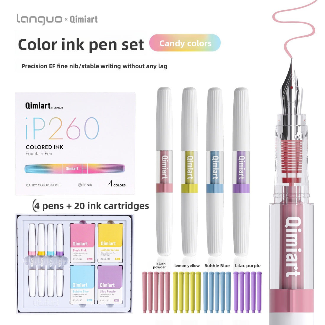 4-Color Fountain Pen Gift Set with EF Fine Nib and 20 Ink Cartridges