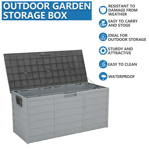 Courtyard storage box filled with cushions and gear