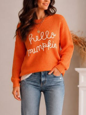 Women's Long Sleeve Pumpkin Letter Jacquard Round Neck Sweater