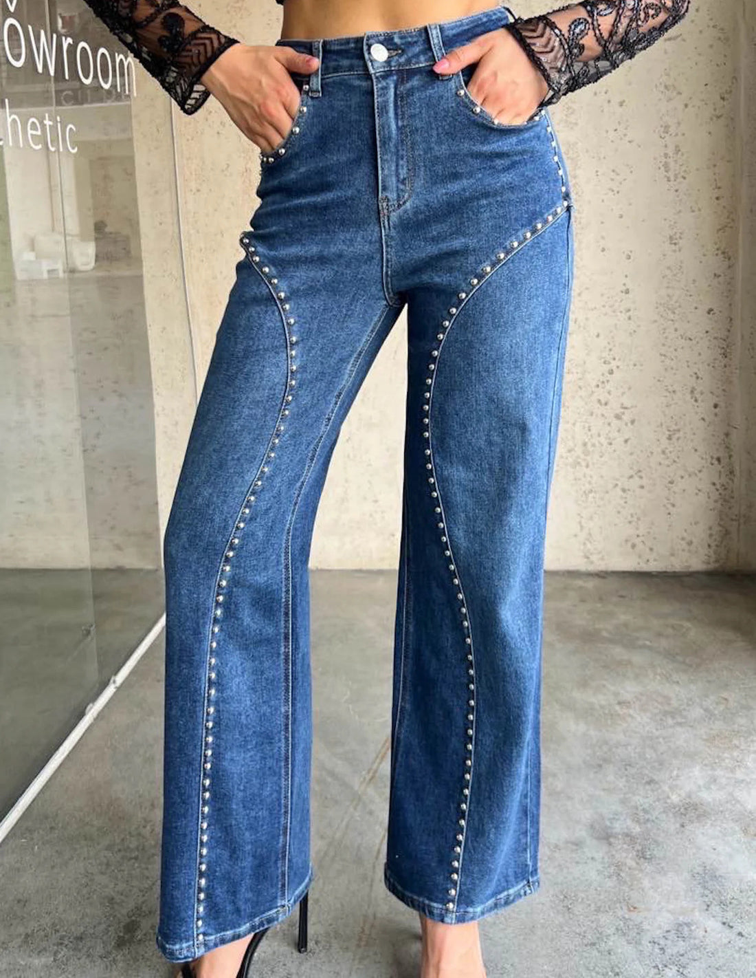 Beaded Straight-Leg Denim Pants