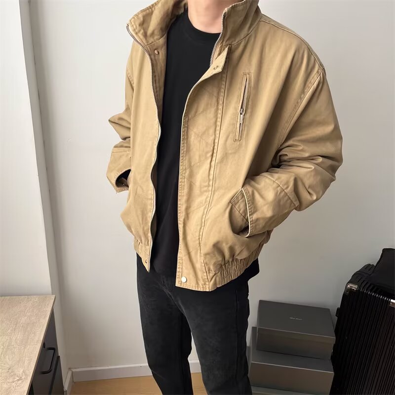 Men's Stand Collar Bomber Jacket Retro Loose Solid Outerwear