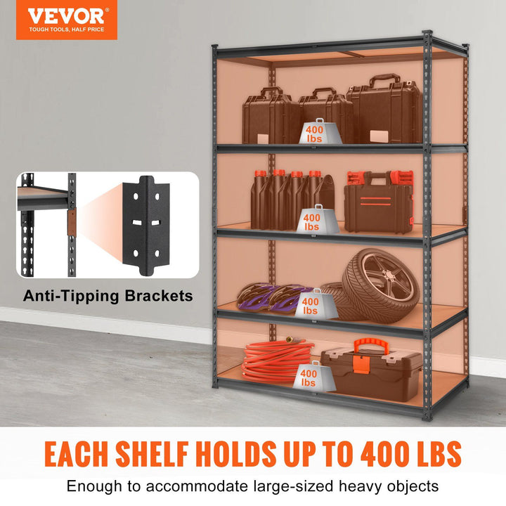 Metal storage rack with tools and bins on five shelves