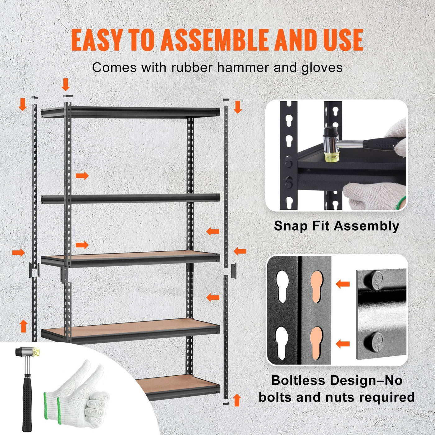 Black metal shelves holding totes and boxes