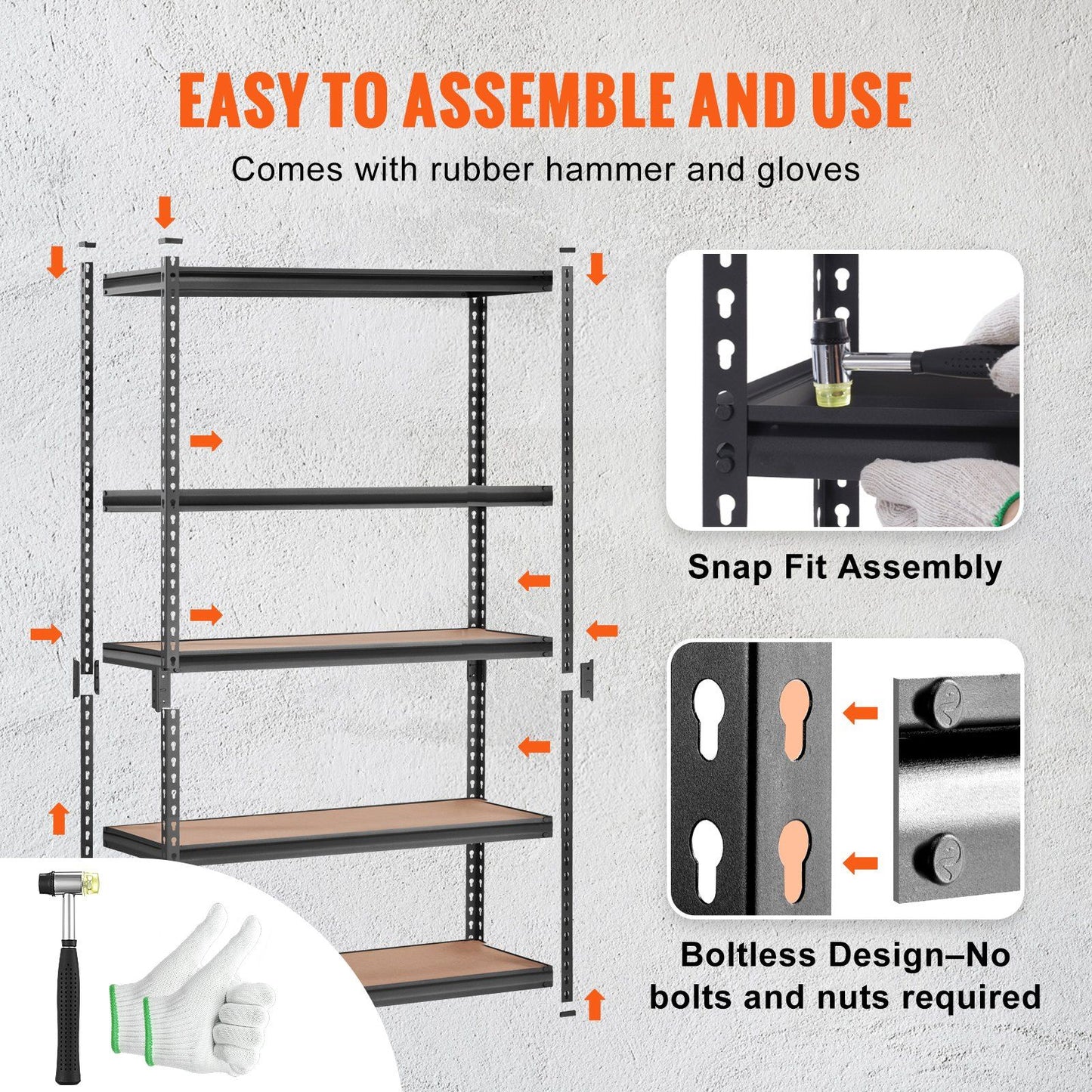 Black metal shelves holding totes and boxes