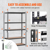 Black metal shelves holding totes and boxes