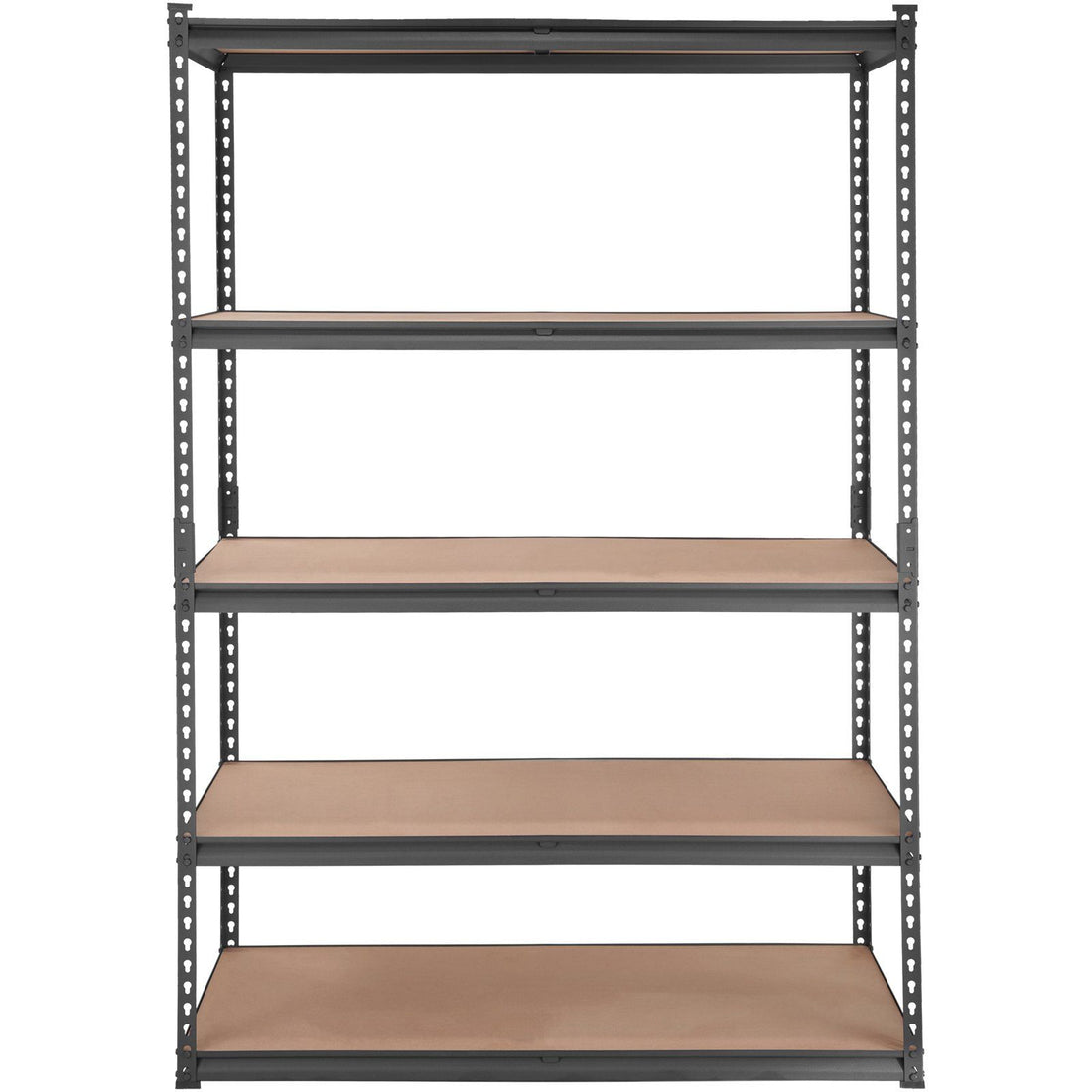 Black metal shelving unit with paint cans and tools