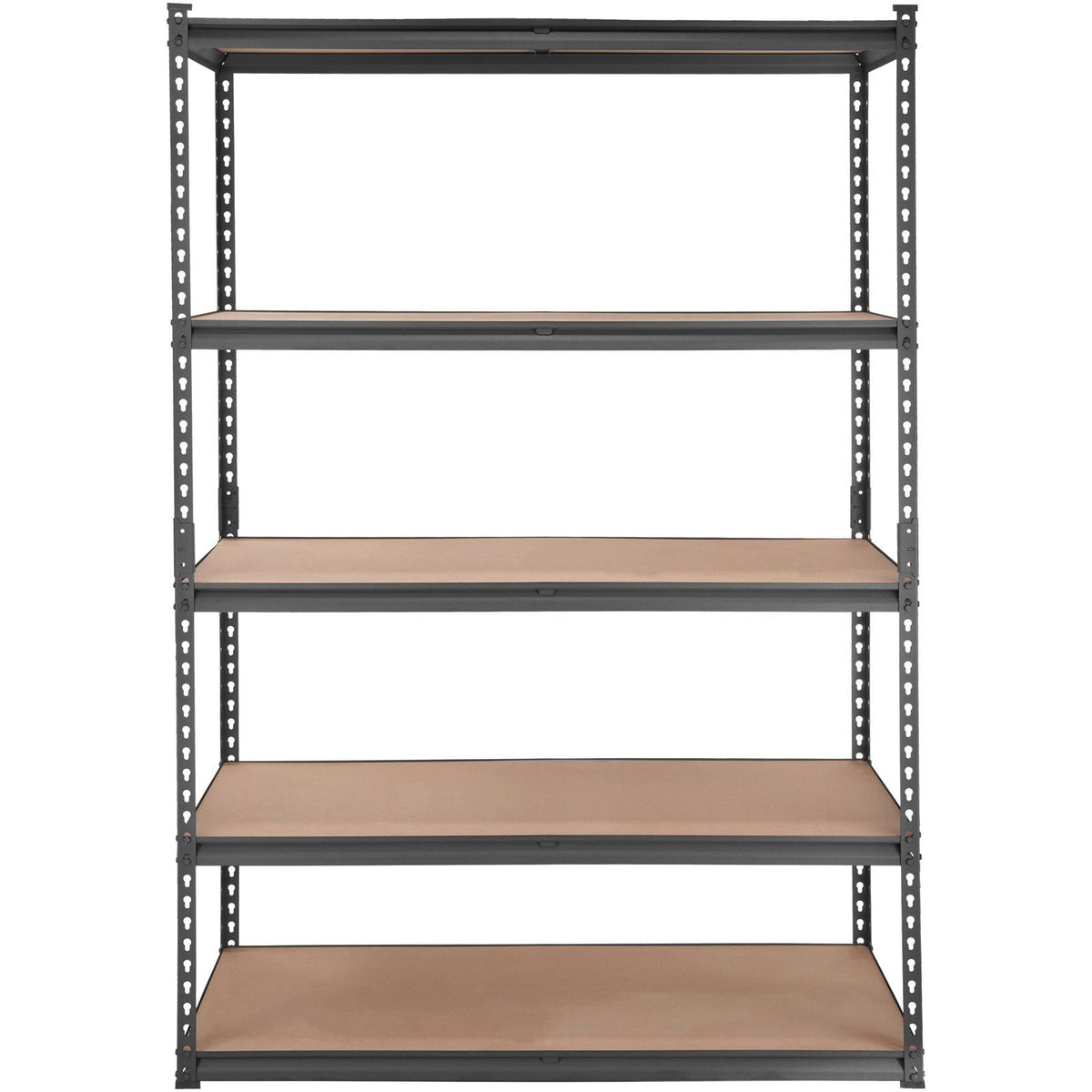 Black metal shelving unit with paint cans and tools