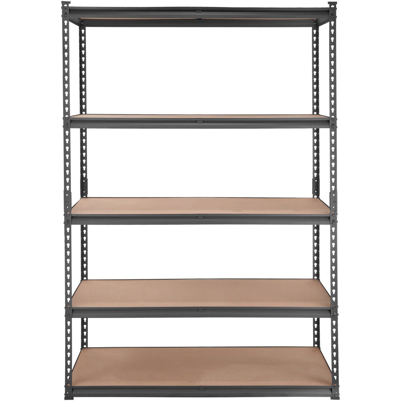 Black metal shelving unit with paint cans and tools