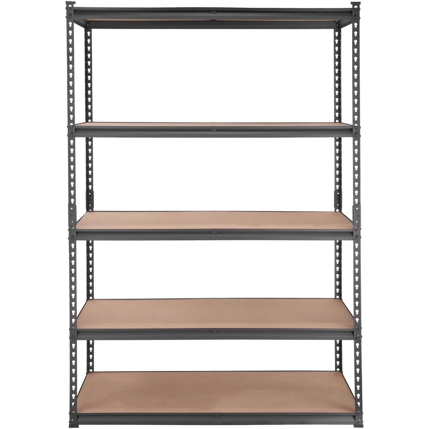 Black metal shelving unit with paint cans and tools