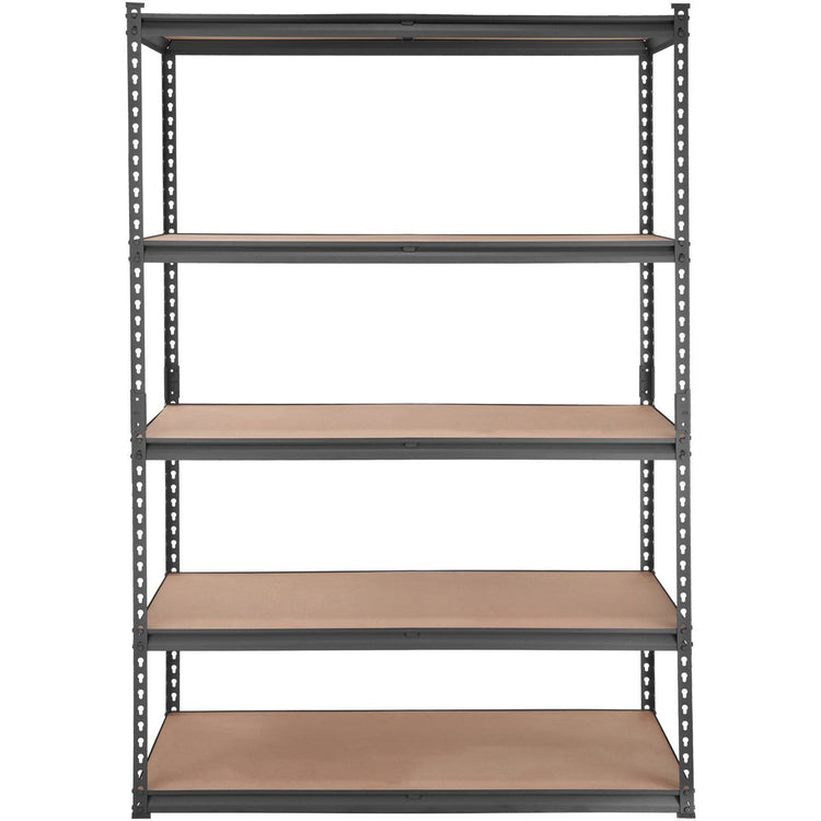 Black metal shelving unit with paint cans and tools