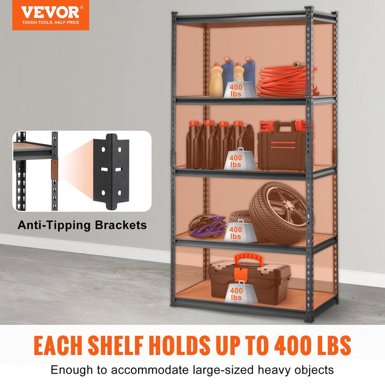 Metal storage rack with totes and bins on five tiers