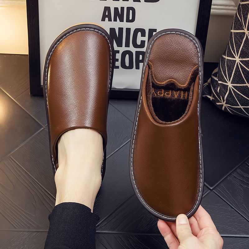 Genuine Leather Plush Lined Non-Slip Thick Sole Closed Toe Indoor Home Slippers for Men Women Winter Warm House Shoes