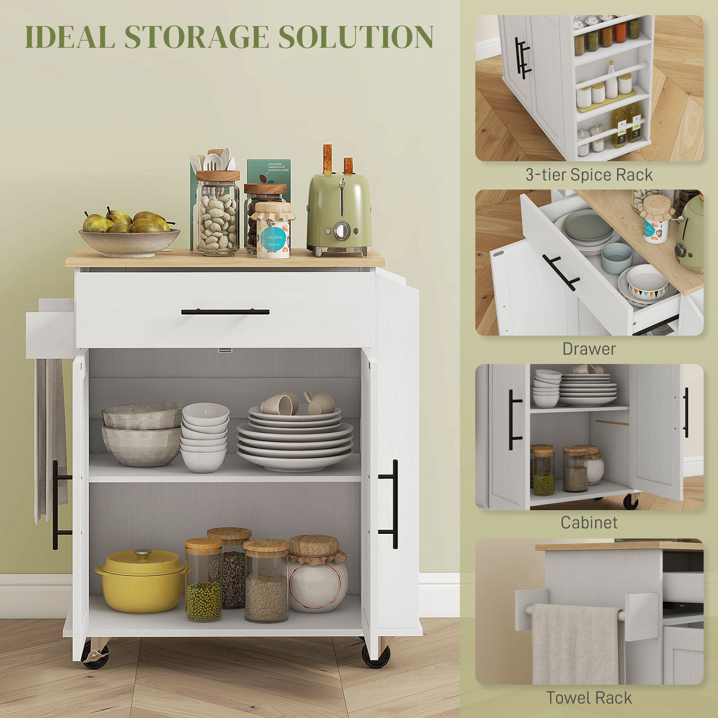 Kitchen island on wheels cabinet storage interior
