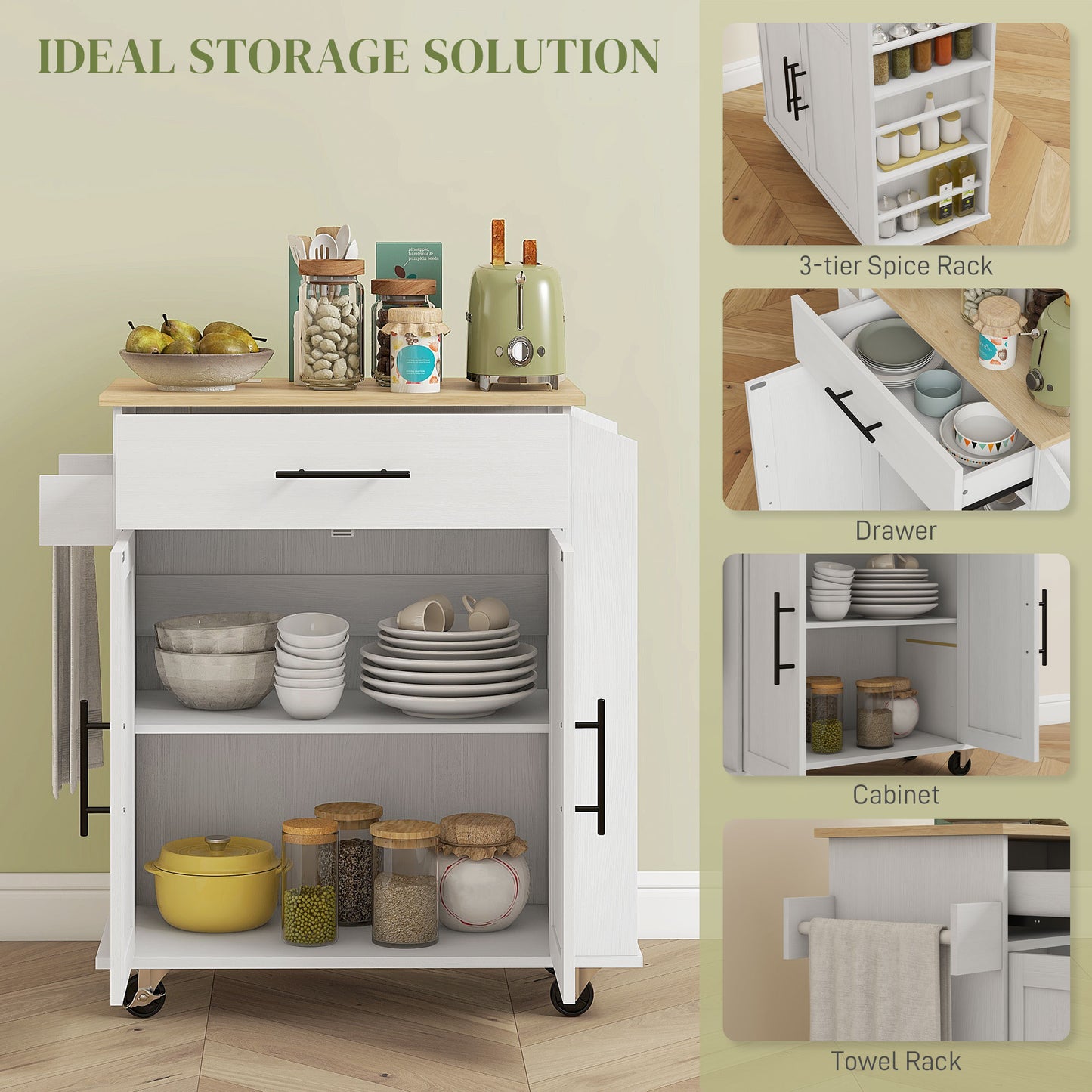 Kitchen island on wheels cabinet storage interior