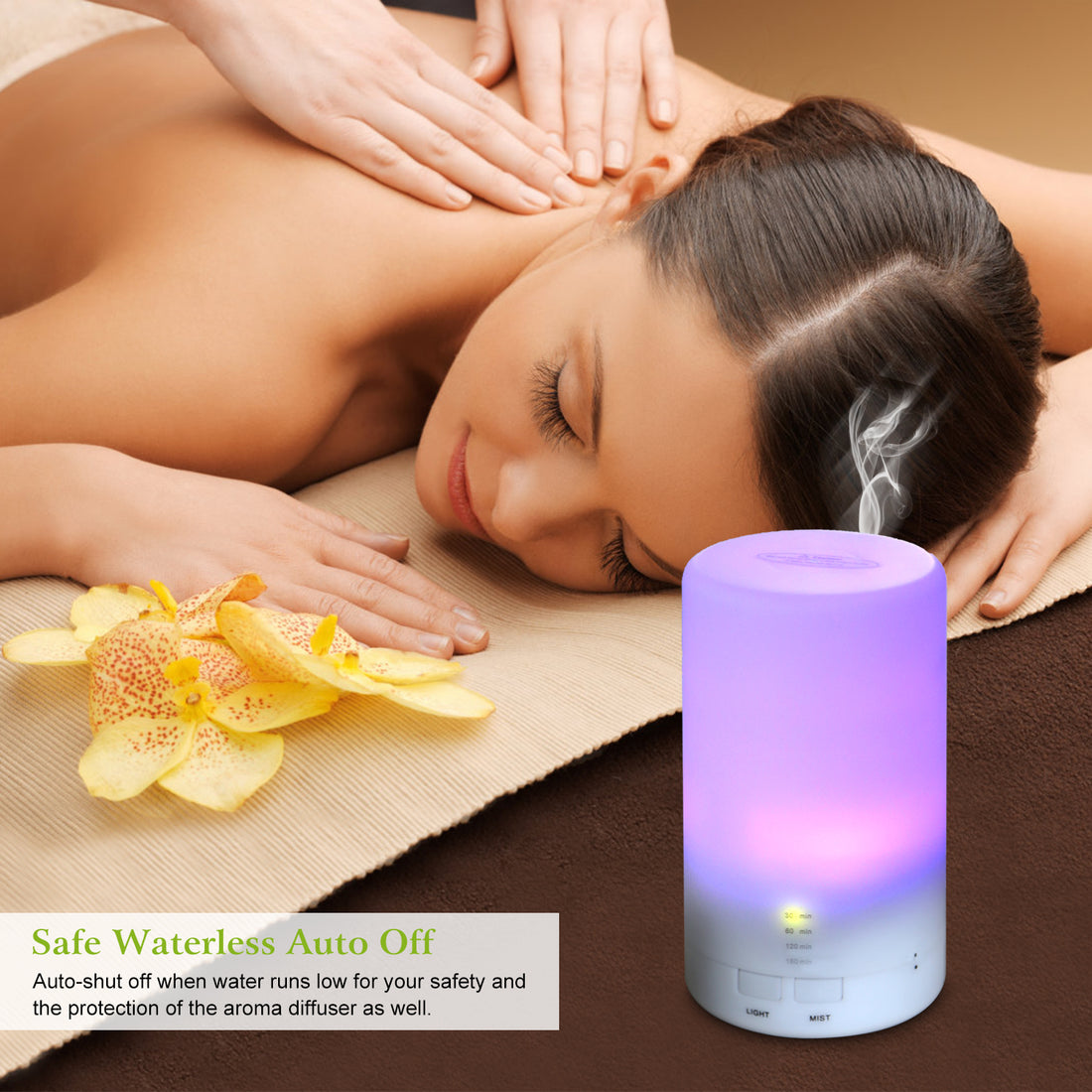 Woman relaxing beside a mini humidifier glowing purple
