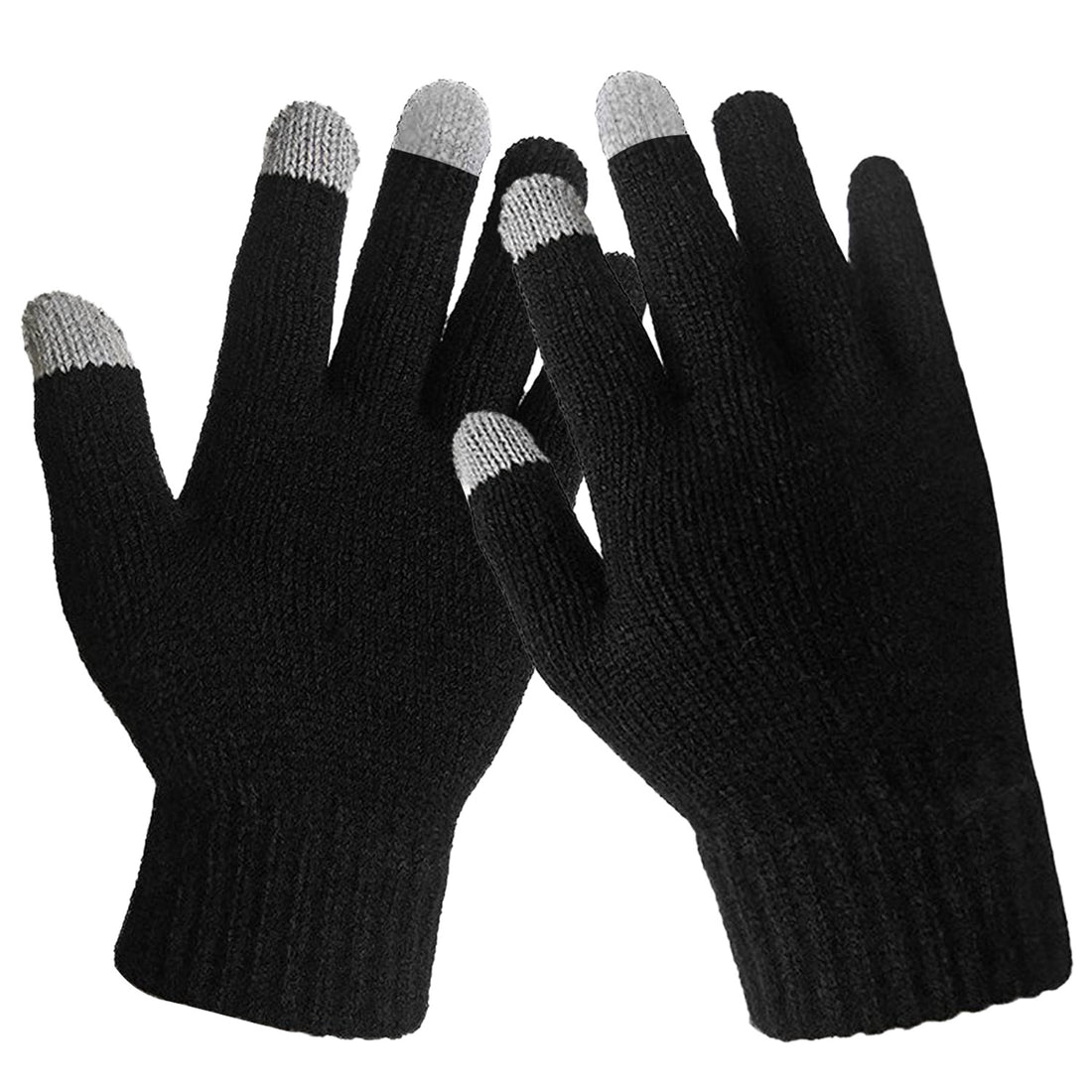 Black knit gloves showing the gray conductive fingertips