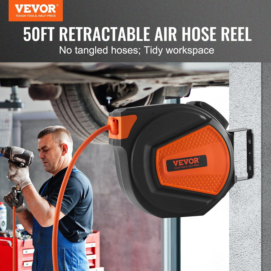 50FT Retractable Swivel Air Hose Reel side angle
