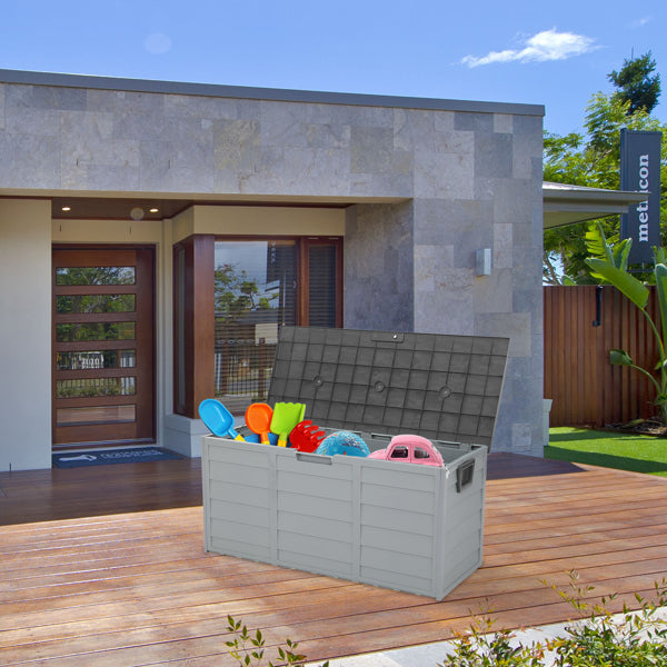 Courtyard storage box with lid open showing capacity