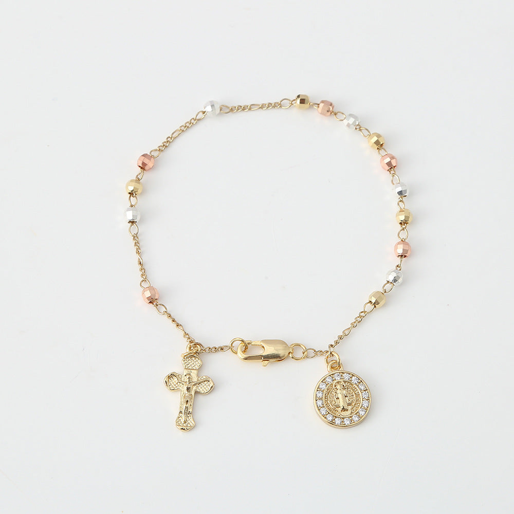 Cross-shaped diamond-studded bead necklace bracelet