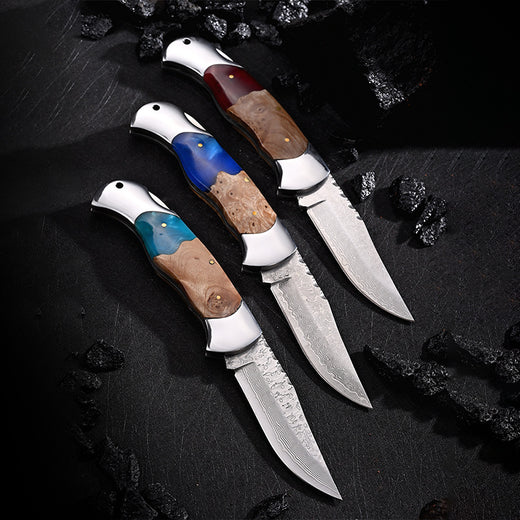 Damascus Steel Wood Resin Handle Folding Knife