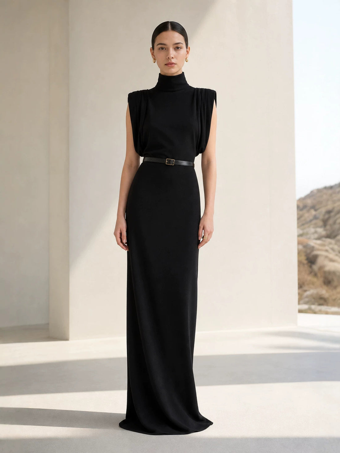 Women's Sleeveless High Neck Evening Party Long Dress with Belt