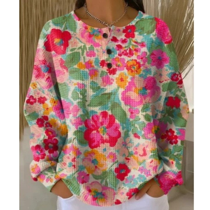 Women's 3D Printed Slim Fit Waffle Knit Stand Collar Long Sleeve Polo Shirt