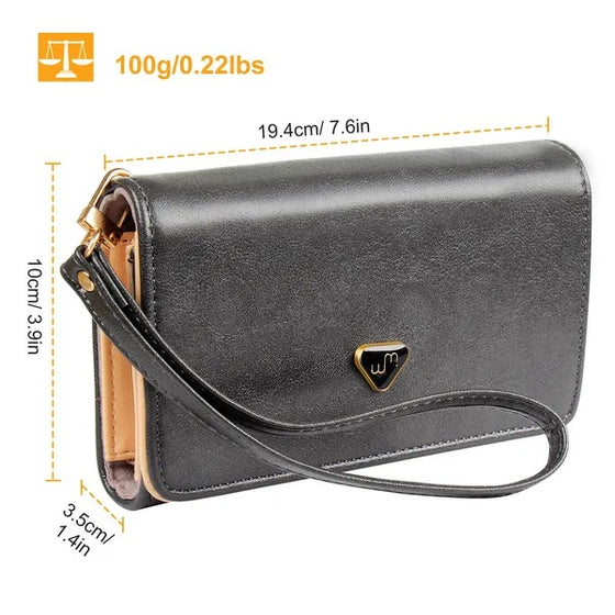 Black wristlet wallet with size and weight, shown for size only