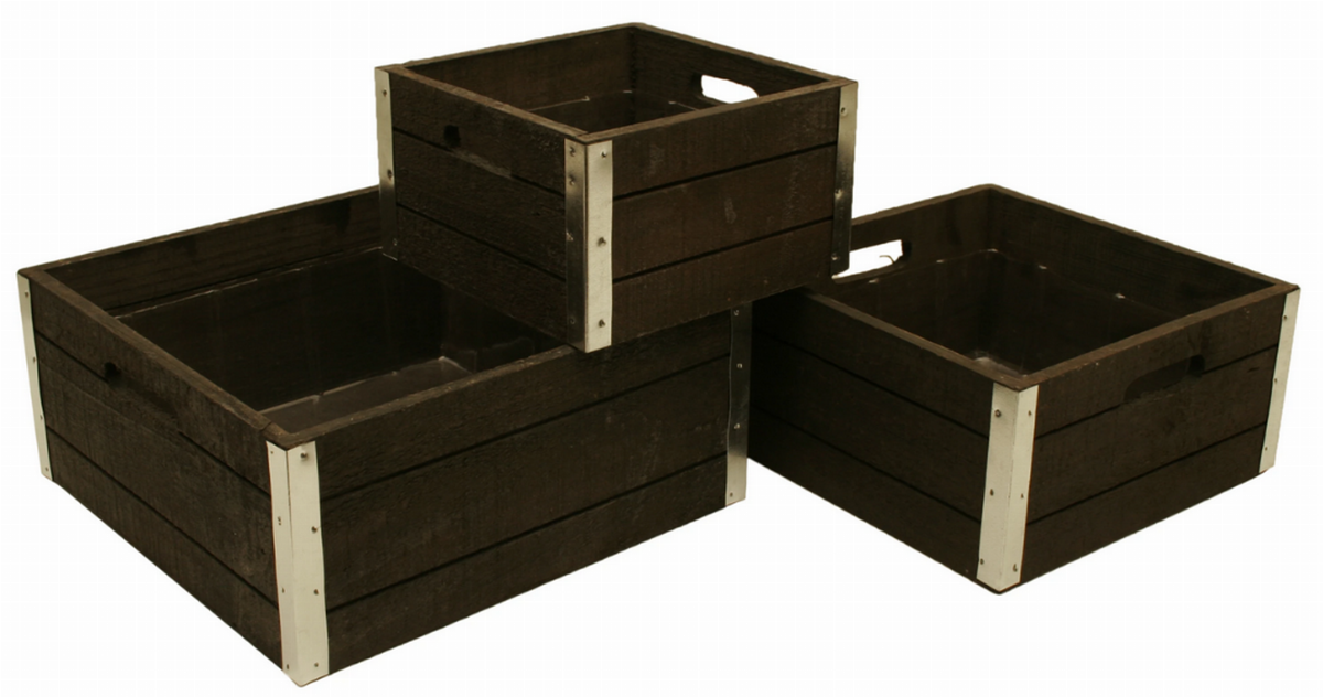 Set of 3 Galvanized Trim Wood Crates