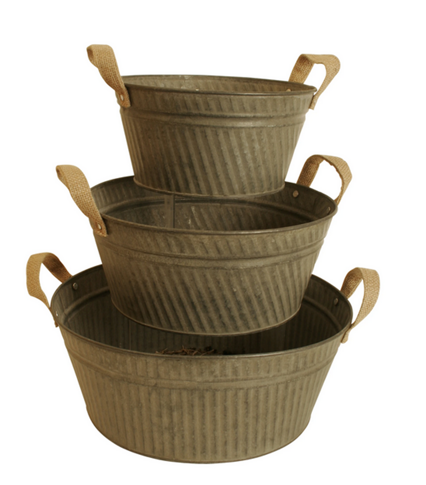 Set of 3 Galvanized Metal and Burlap Pails