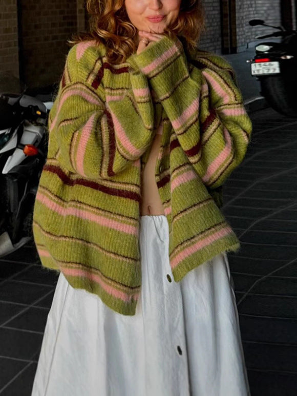 Women's green striped color-block knit cardigan, photo 1