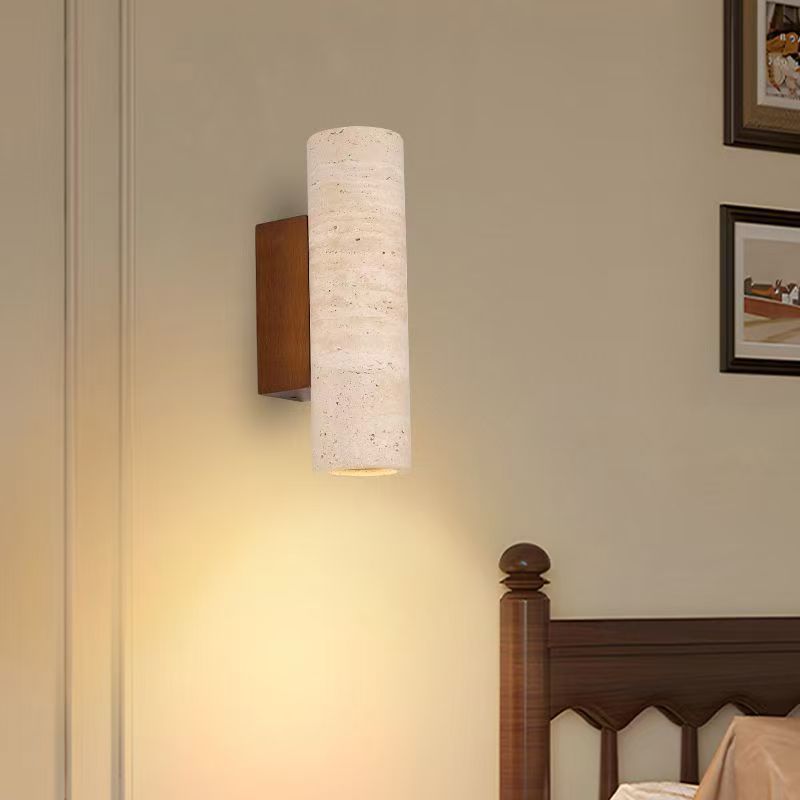 Wabi-Sabi Style Cave Stone Wall Lamp Wooden Body LED Warm Light Fixture for Hotel Bedroom Restaurant
