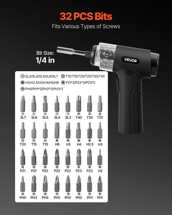 32 screwdriver bits included with the tool