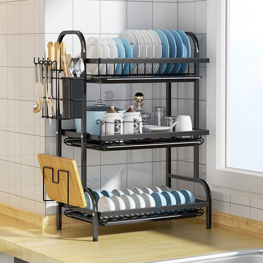 3 tier dish drainer rack with drip tray in black
