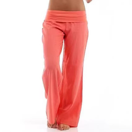 Orange-red wide-leg pants with a fold-over waistband