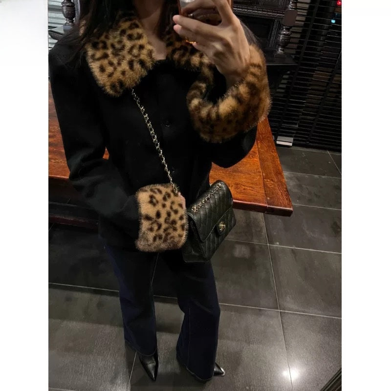 Women's black short coat with leopard print accent and faux fur collar, photo 1