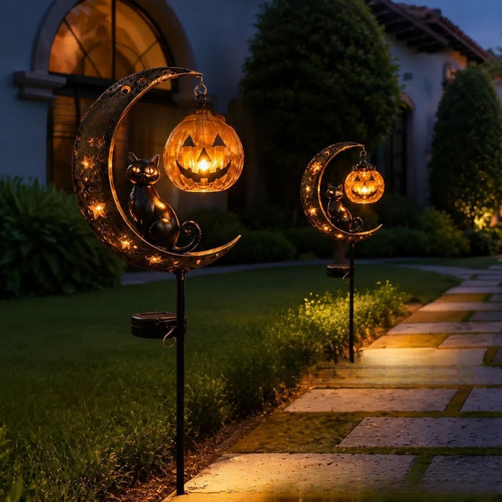 Solar Black Cat Pumpkin Stake Light Decor product image 1