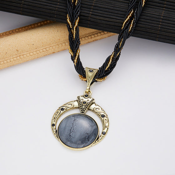 Vintage Braided Rope Pendant Necklace Bohemian Colorful Stone Jewelry