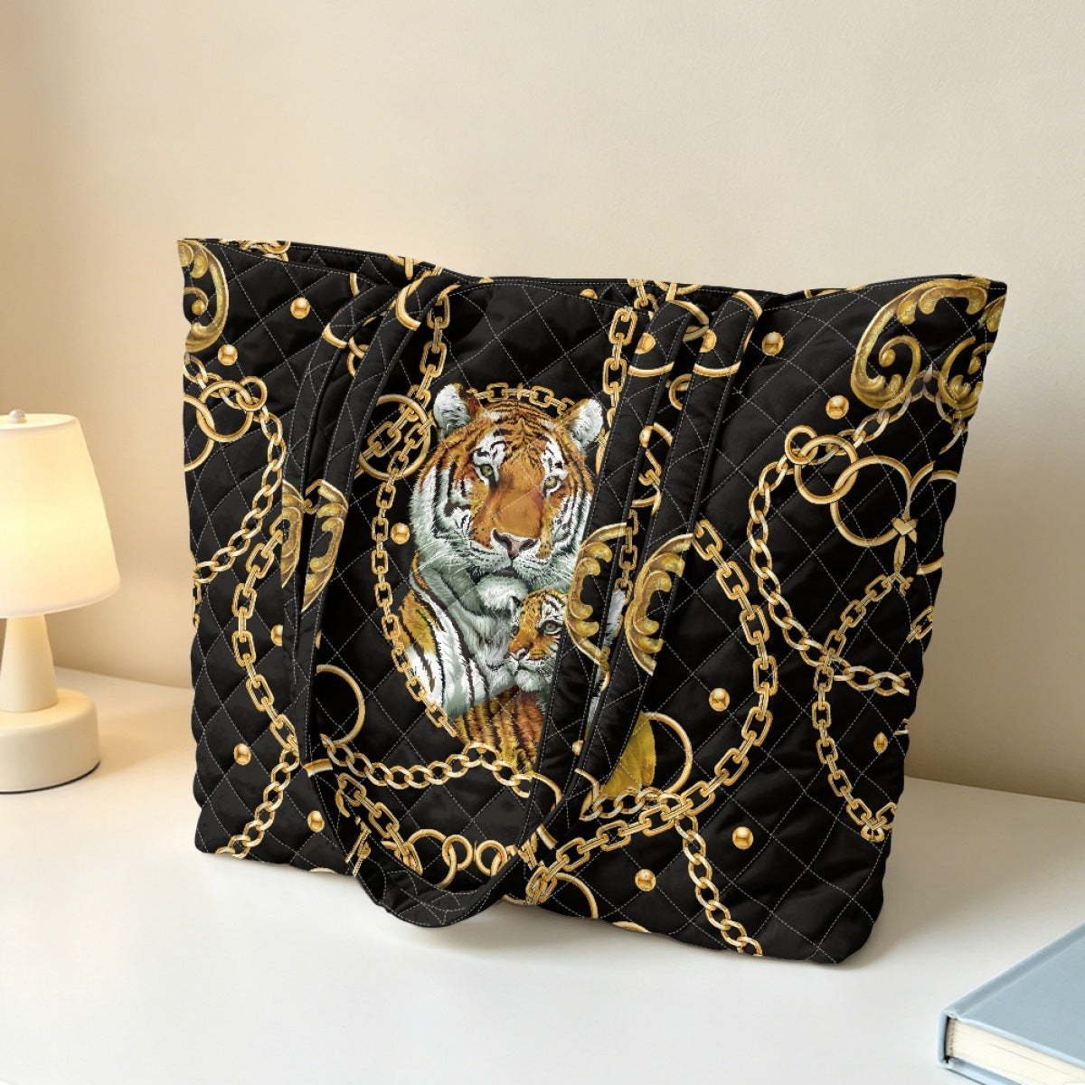 Embroidered Quilted Tiger Print Tote Bag