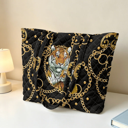 Embroidered Quilted Tiger Print Tote Bag