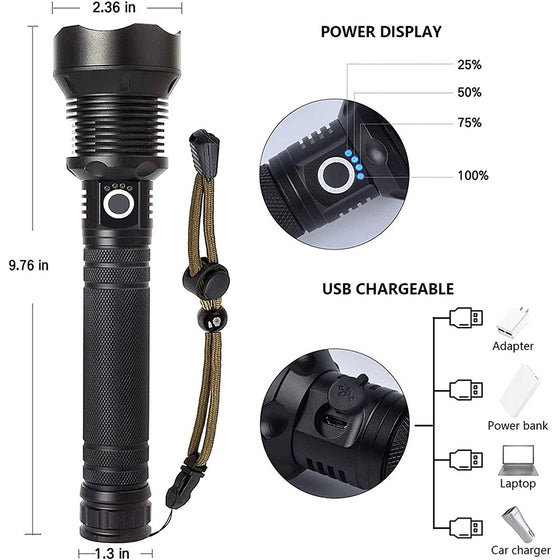 High Power Zoom LED Flashlight USB Rechargeable Outdoor Lighting & Tools product image 3