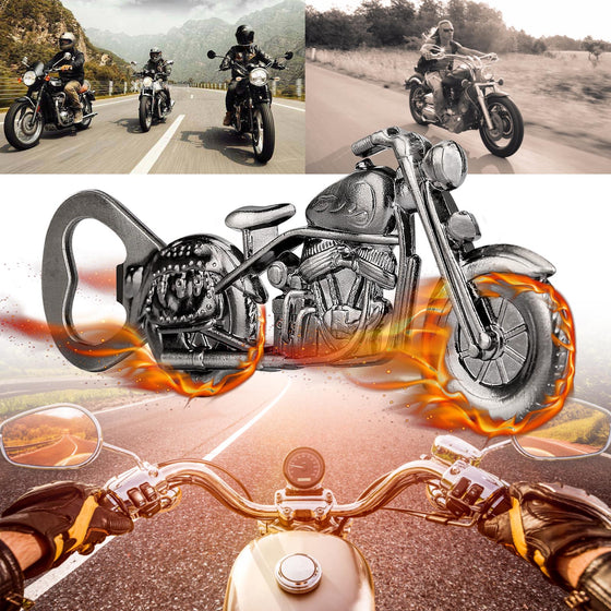 Dark silver motorcycle bottle opener with biker road scenes