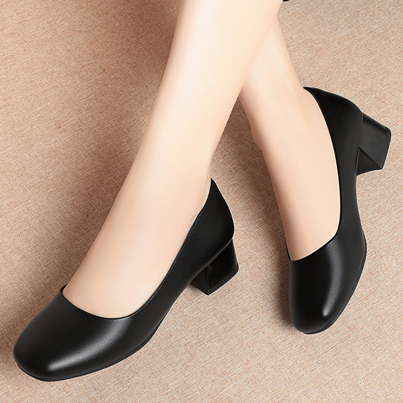 Black Leather Thick Heeled Shoes