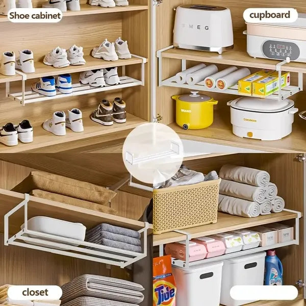 Iron shoe rack loaded with sneakers and boots