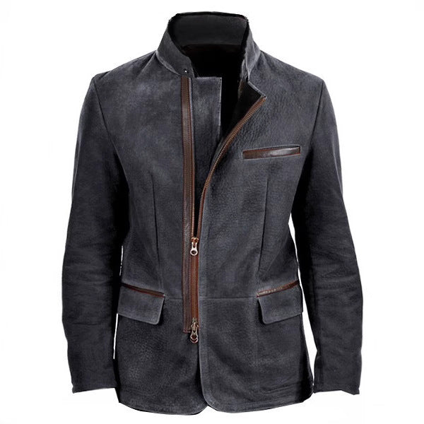Men's Vintage Stand Collar Zipper Jacket Casual Long Sleeve Outerwear