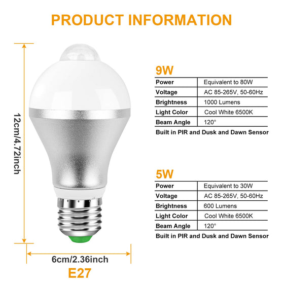 Motion sensor bulb specifications for 9W and 5W versions with 6 x 12 cm size